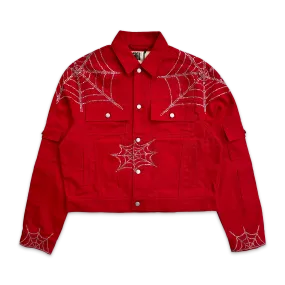 Crystal Web Denim Cropped Trucker Jacket "Red"