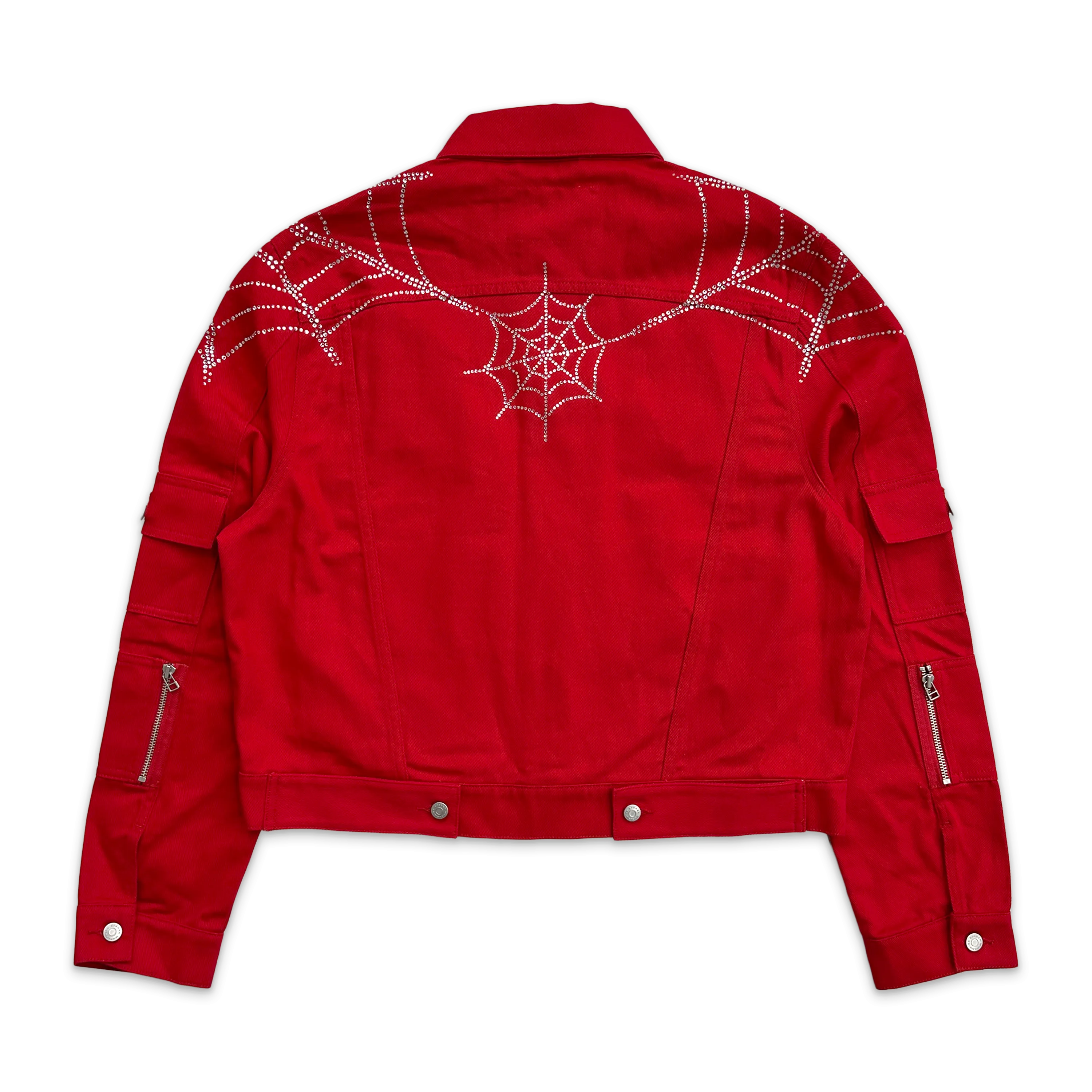 Crystal Web Denim Cropped Trucker Jacket "Red"