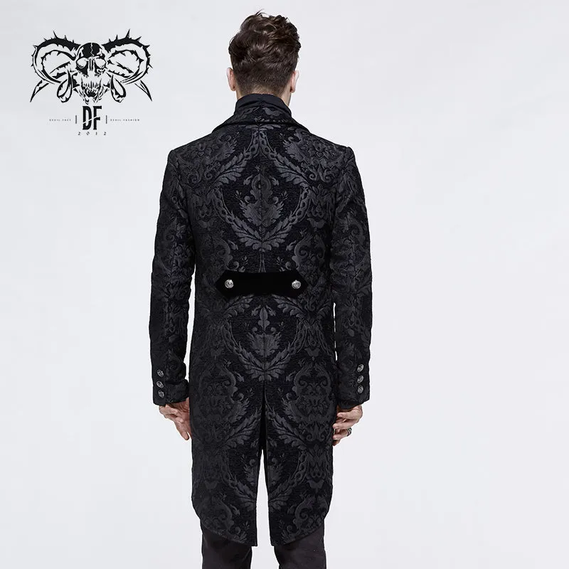 CT105 Gothic jacquard high-low men warm black dress coat with slit