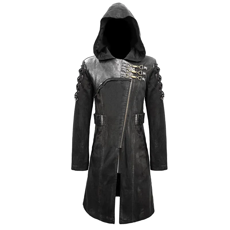 CT149 hand painted faded steampunk denim tattered hooded coat for men