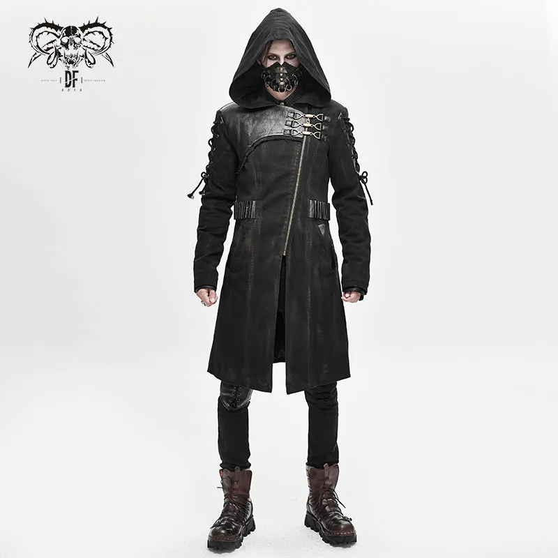 CT149 hand painted faded steampunk denim tattered hooded coat for men