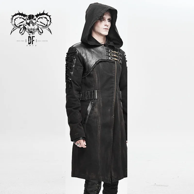 CT149 hand painted faded steampunk denim tattered hooded coat for men