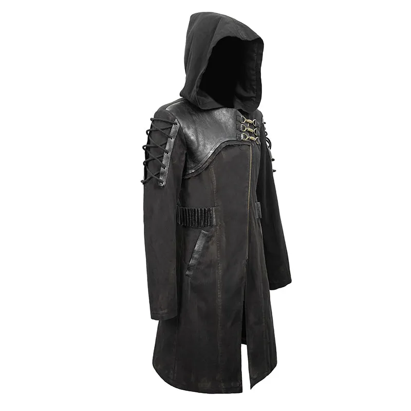 CT149 hand painted faded steampunk denim tattered hooded coat for men
