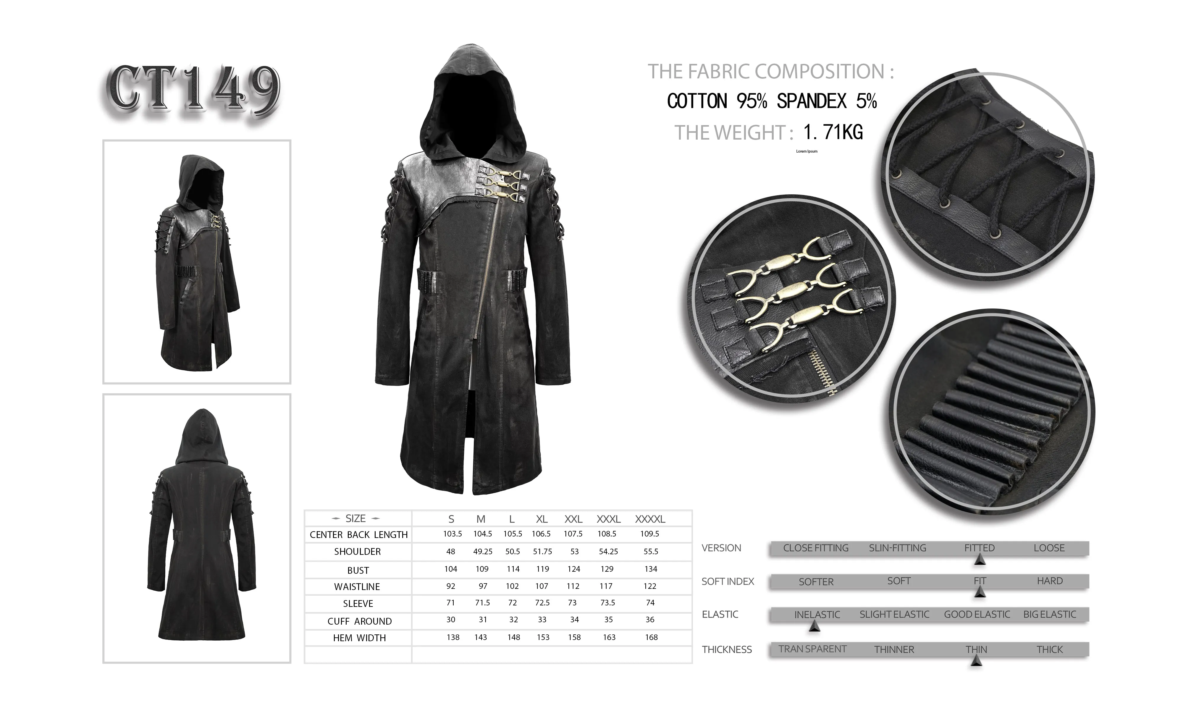 CT149 hand painted faded steampunk denim tattered hooded coat for men