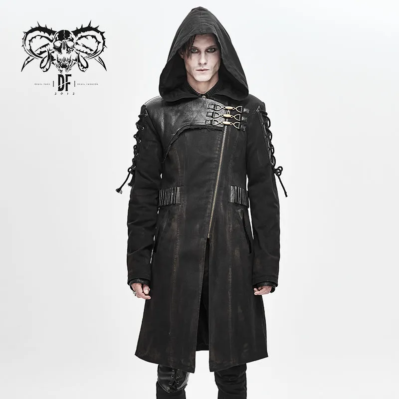 CT149 hand painted faded steampunk denim tattered hooded coat for men