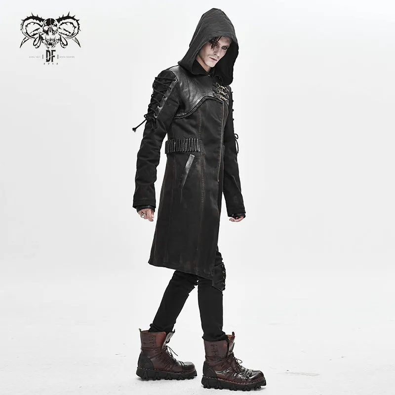 CT149 hand painted faded steampunk denim tattered hooded coat for men