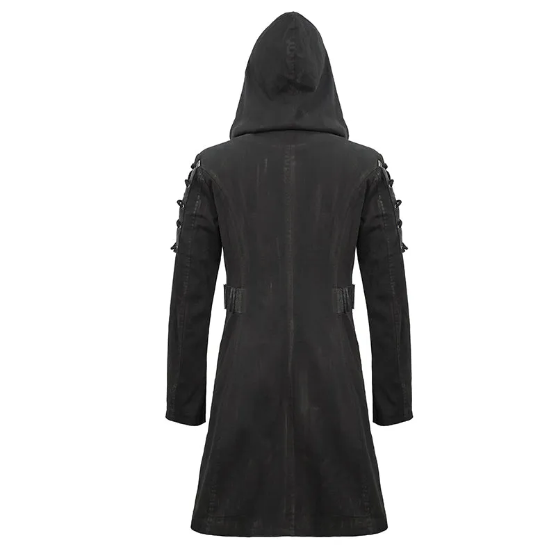 CT149 hand painted faded steampunk denim tattered hooded coat for men