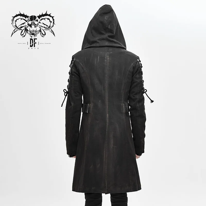 CT149 hand painted faded steampunk denim tattered hooded coat for men