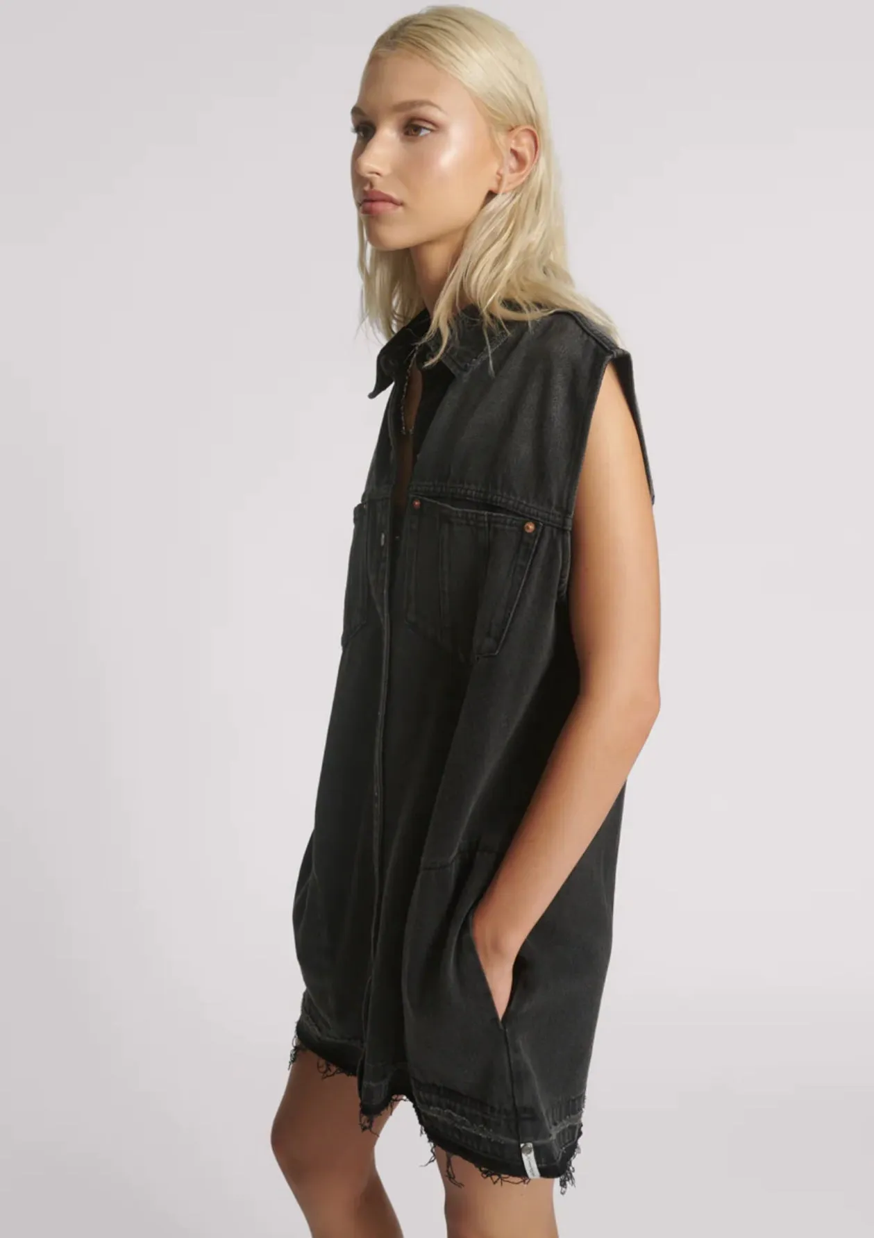 Denim Shirt Dress - Faded Black