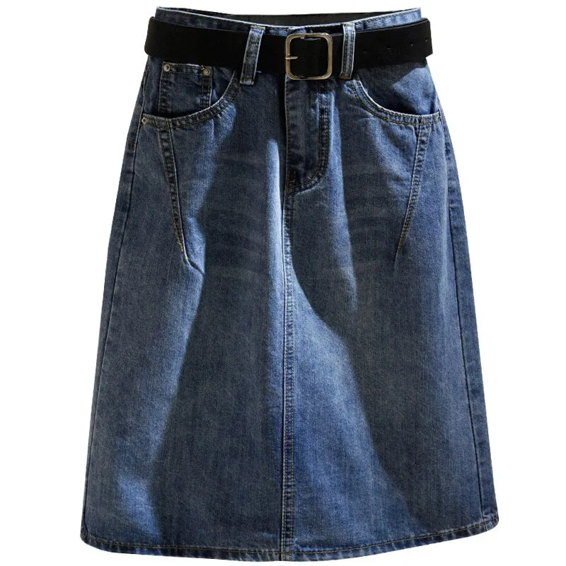 Denim Skirts with Belt Casual Loose High Waist Mid Length Skirts