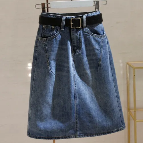 Denim Skirts with Belt Casual Loose High Waist Mid Length Skirts