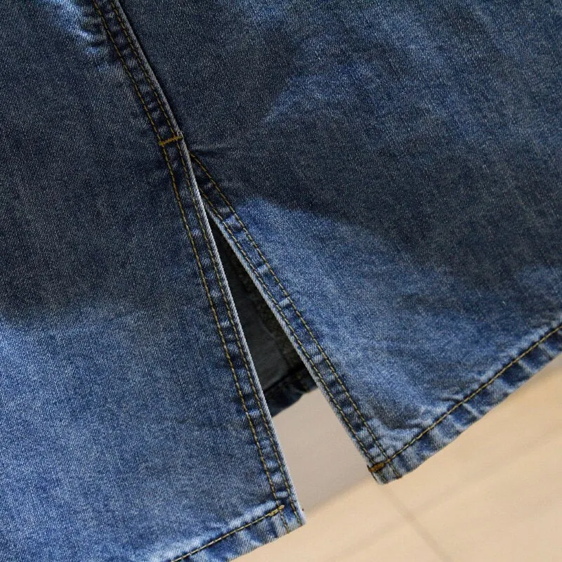 Denim Skirts with Belt Casual Loose High Waist Mid Length Skirts