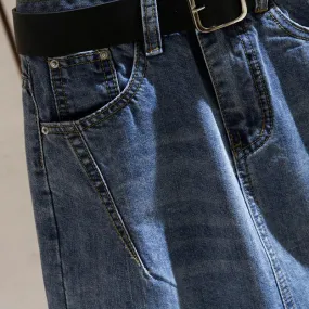 Denim Skirts with Belt Casual Loose High Waist Mid Length Skirts