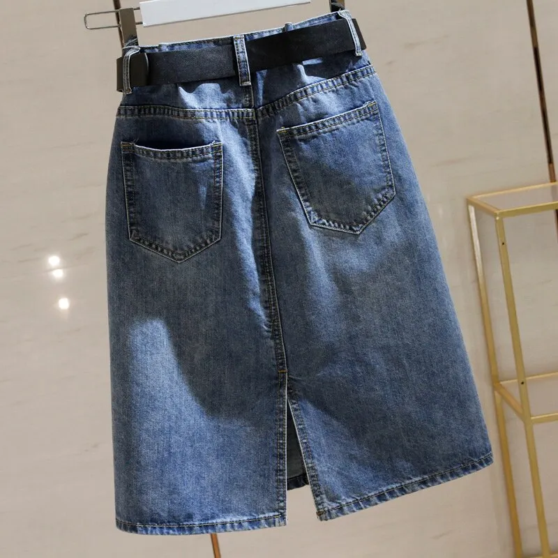 Denim Skirts with Belt Casual Loose High Waist Mid Length Skirts