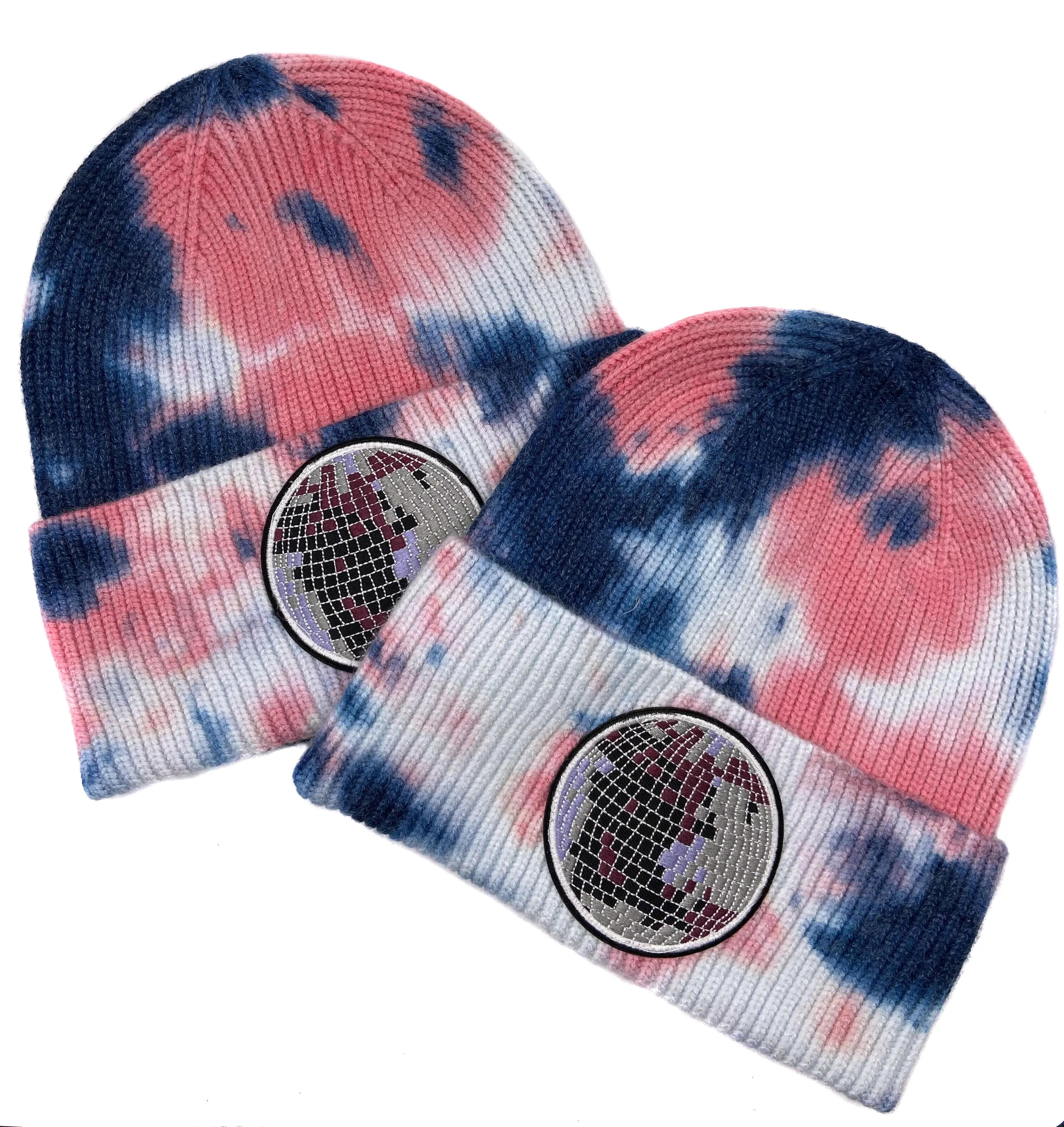 Disco Ball Tie Dye Beanie Caps, Pink & Blue w/ Embroidered Patch