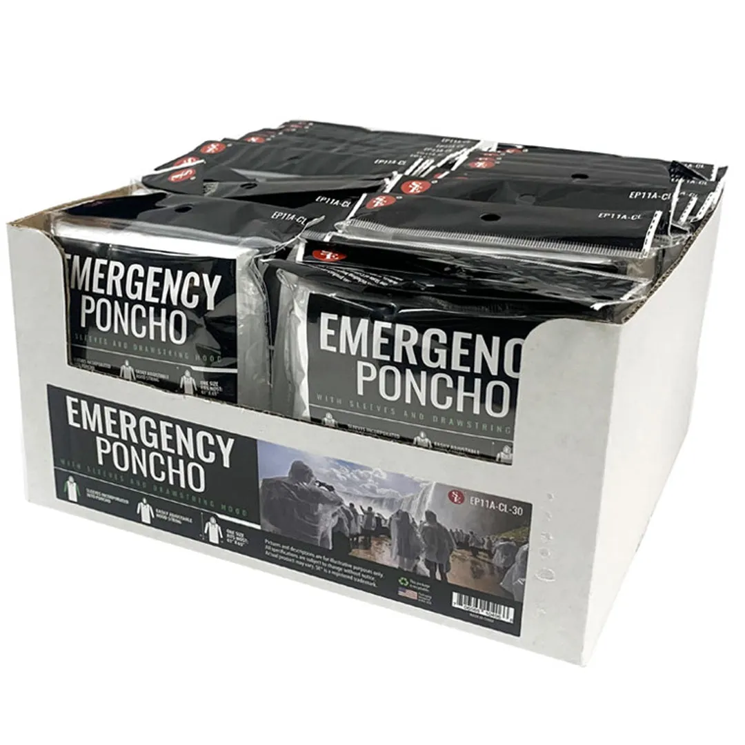 Emergency Poncho W/Hood Attached/Full Sleeves (Clear) One Size Fits Most 61"x65"