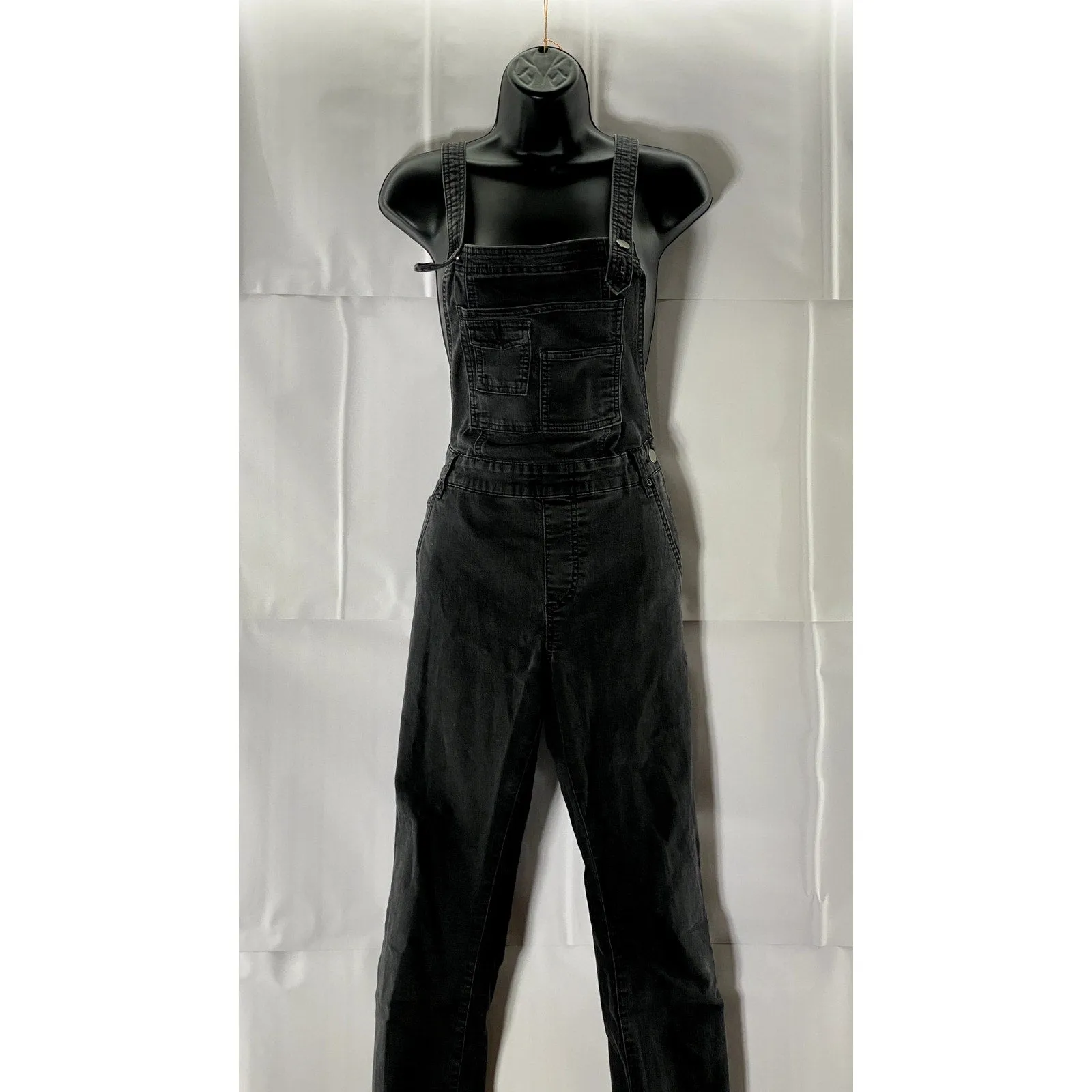 FREE PEOPLE Women's Black Washed Denim Square-Neck Skinny Overall SZ 28