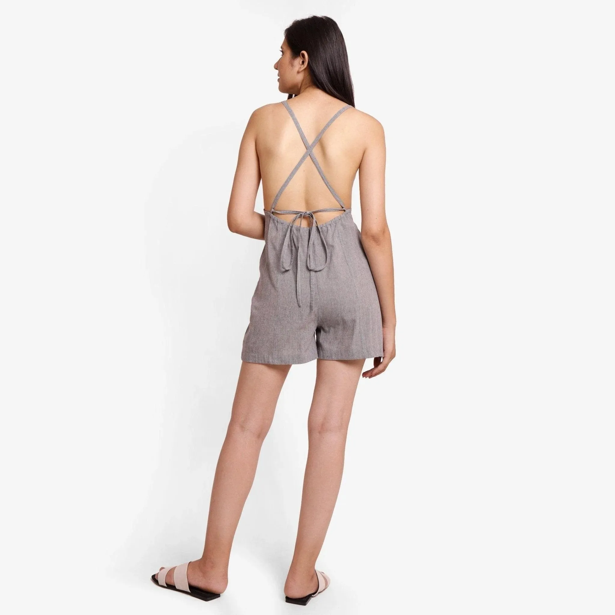 Grey Criss-Cross Back Yarn Dyed Cotton Paneled Romper