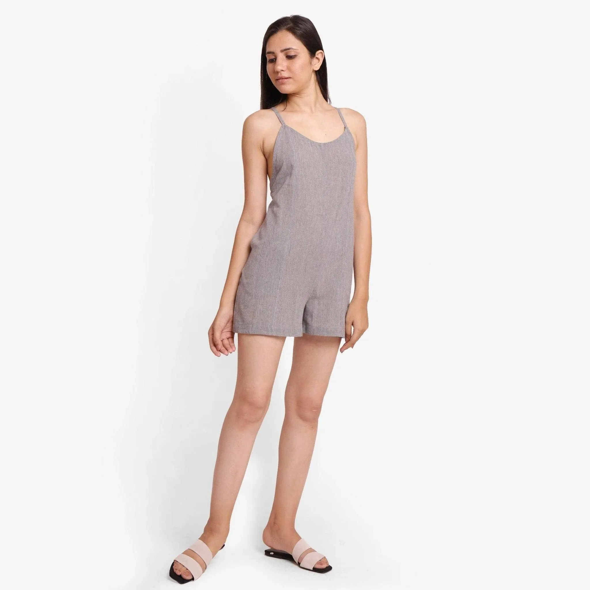 Grey Criss-Cross Back Yarn Dyed Cotton Paneled Romper
