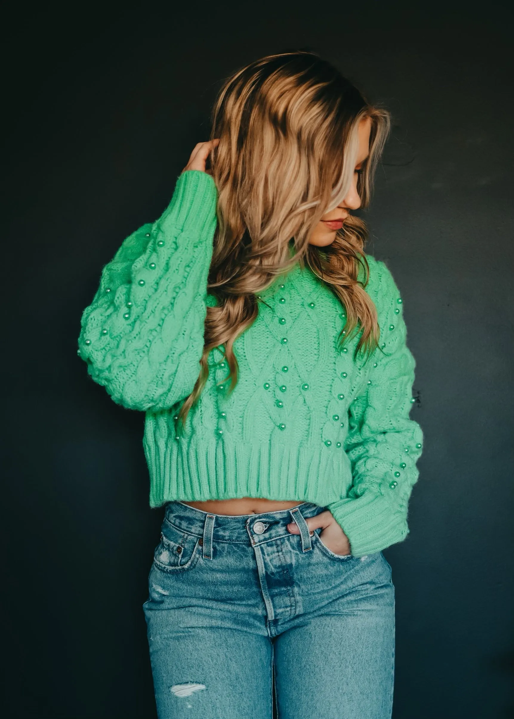 High Collar Crop Pearl Sweater