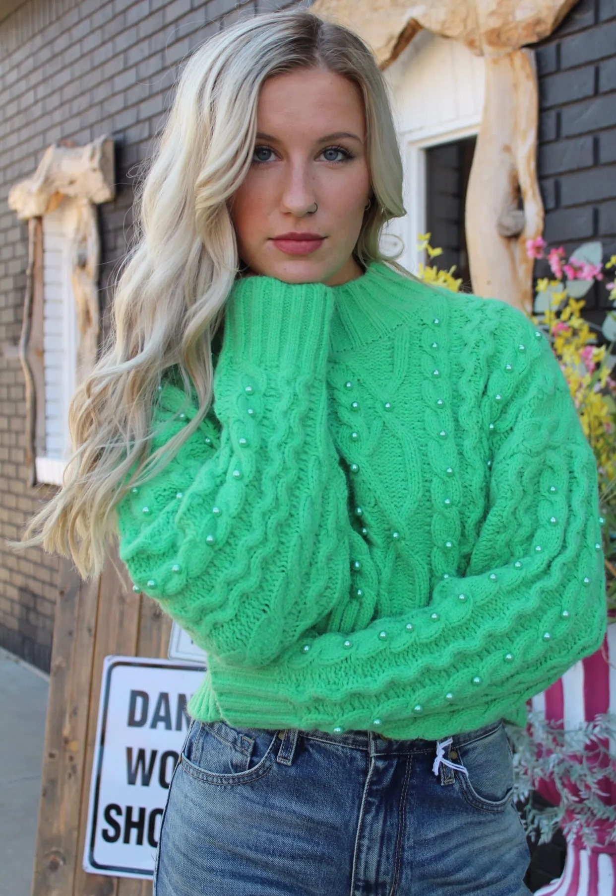 High Collar Crop Pearl Sweater