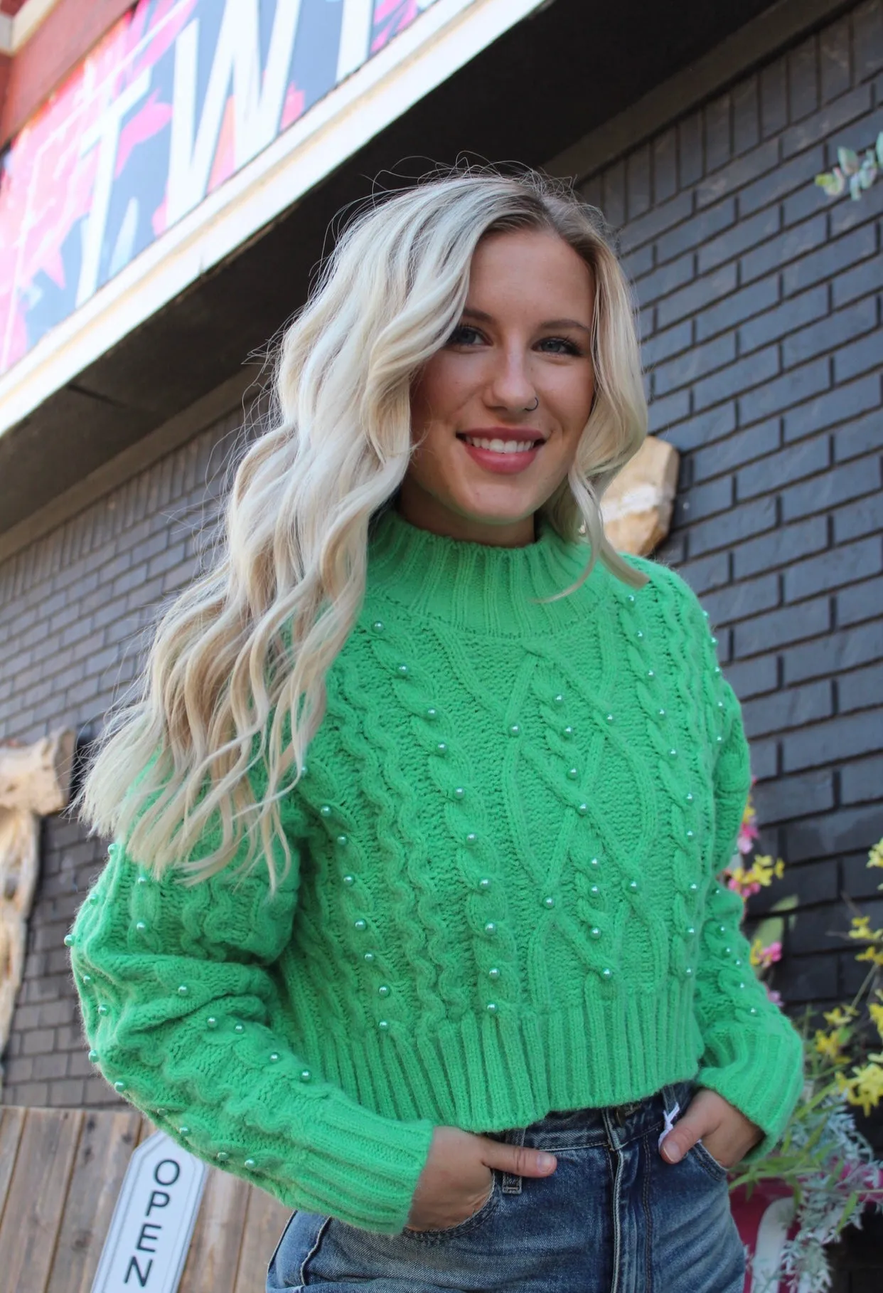 High Collar Crop Pearl Sweater