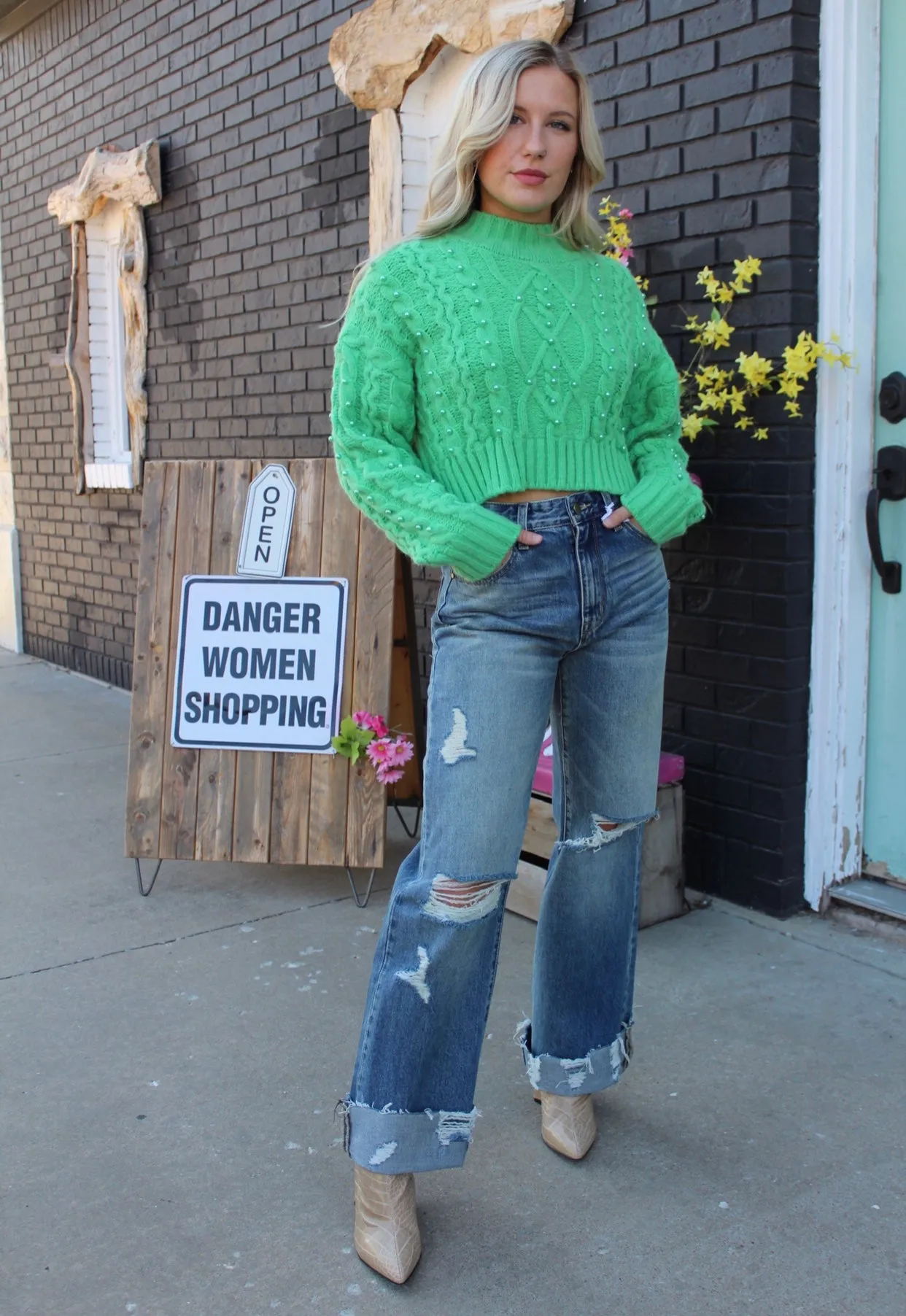 High Collar Crop Pearl Sweater