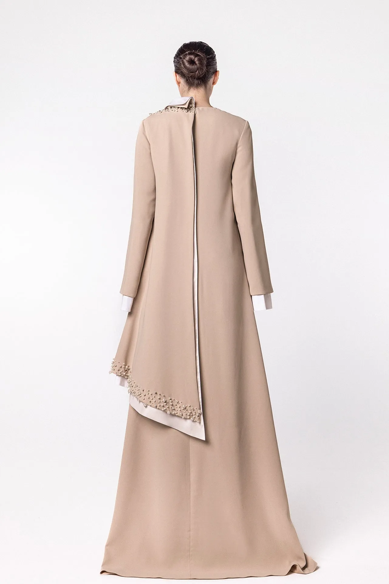 High-Neck Kaftan with Cape and Pearl Detailing