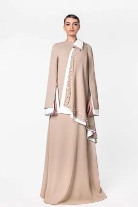 High-Neck Kaftan with Cape and Pearl Detailing
