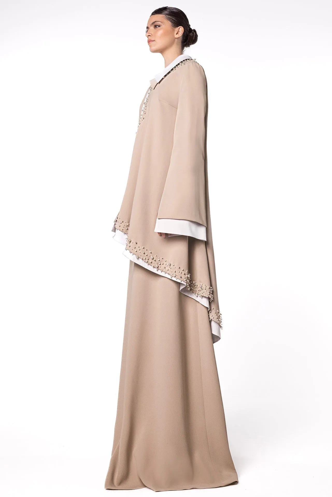 High-Neck Kaftan with Cape and Pearl Detailing