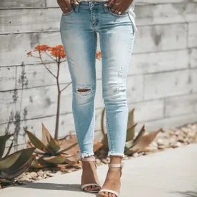 High Waist Light Blue Skinny Ripped Denim Pants