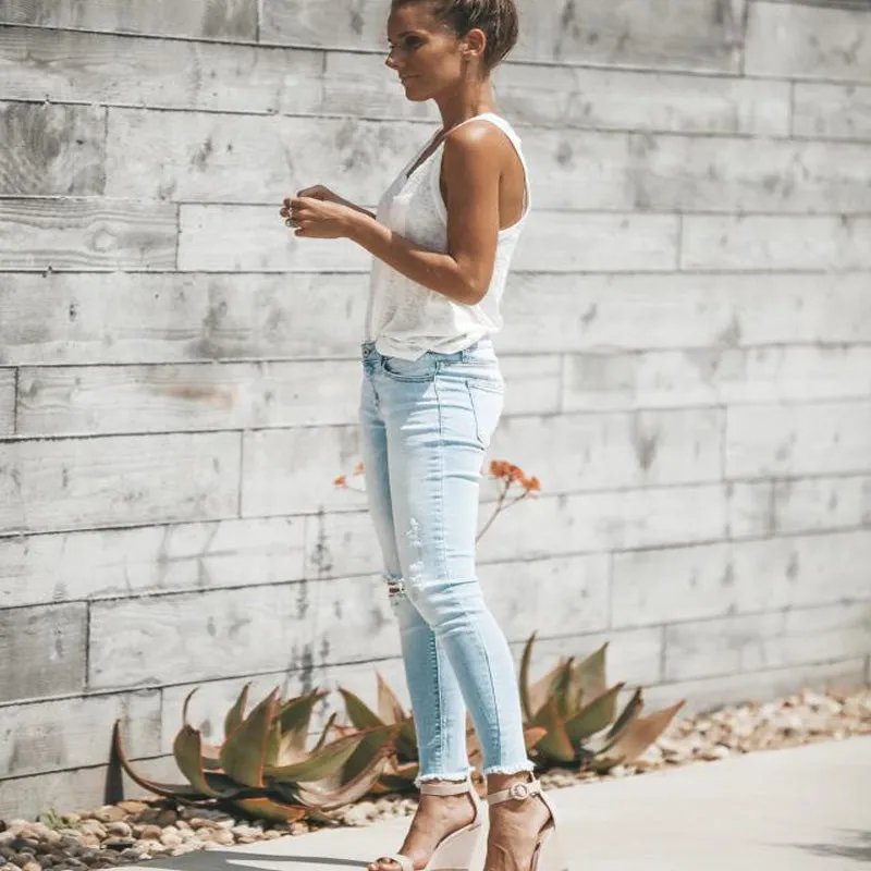 High Waist Light Blue Skinny Ripped Denim Pants