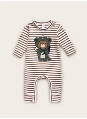 Huxbaby Dino Bear Stripe Romper | Terracotta