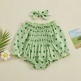 Infant Girls Romper Long Sleeve 100% Cotton, Cute Clover Print Baby Jumpsuits with Hairband