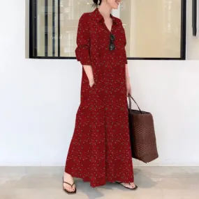 Islam Abaya Dress Cotton and Linen Print Lapel Long Sleeve Abayas for Women Pocket Simple Loose Casual Long Shirt Ladies Dress B-23652