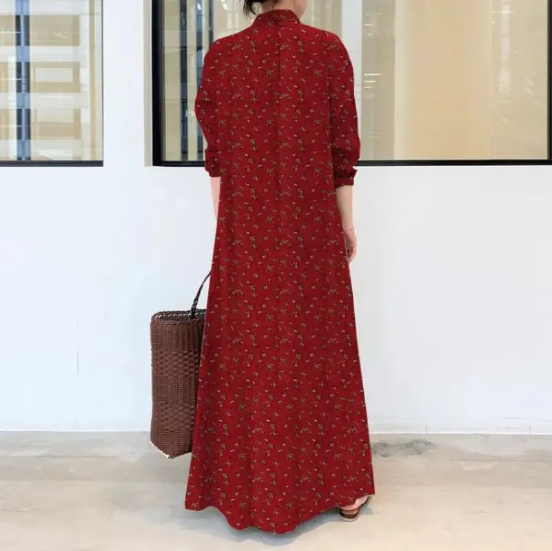 Islam Abaya Dress Cotton and Linen Print Lapel Long Sleeve Abayas for Women Pocket Simple Loose Casual Long Shirt Ladies Dress B-23652