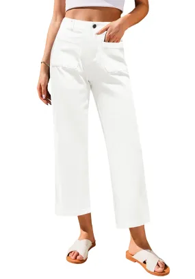 Ivory White Women's High Waisted Denim Wide Leg Jeans Pants Trouser