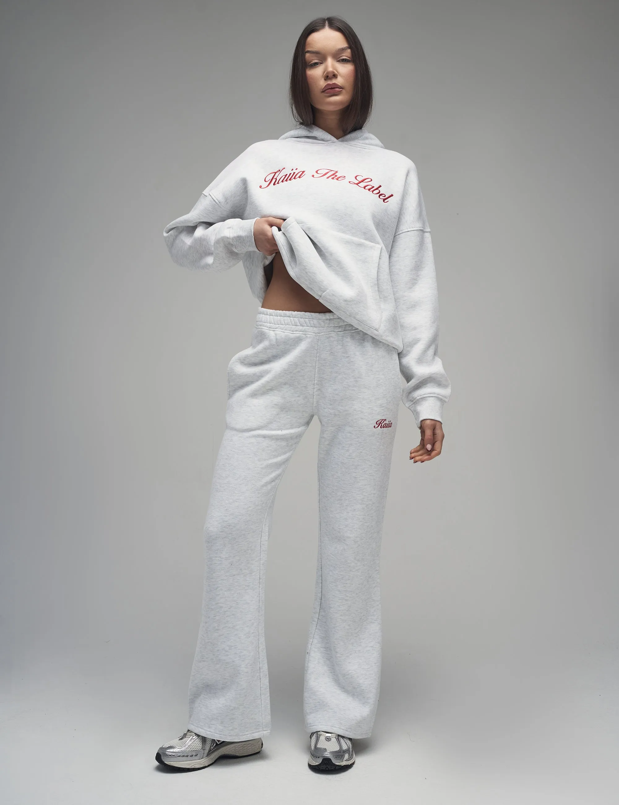 Kaiia Script Logo Wide Leg Joggers Light Grey Marl & Red