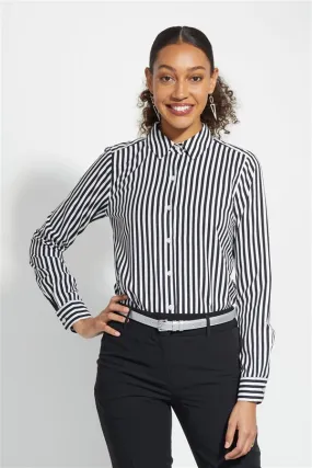 Ladies' Boyfriend Short Sleeve Blouse - Black/White Stripe