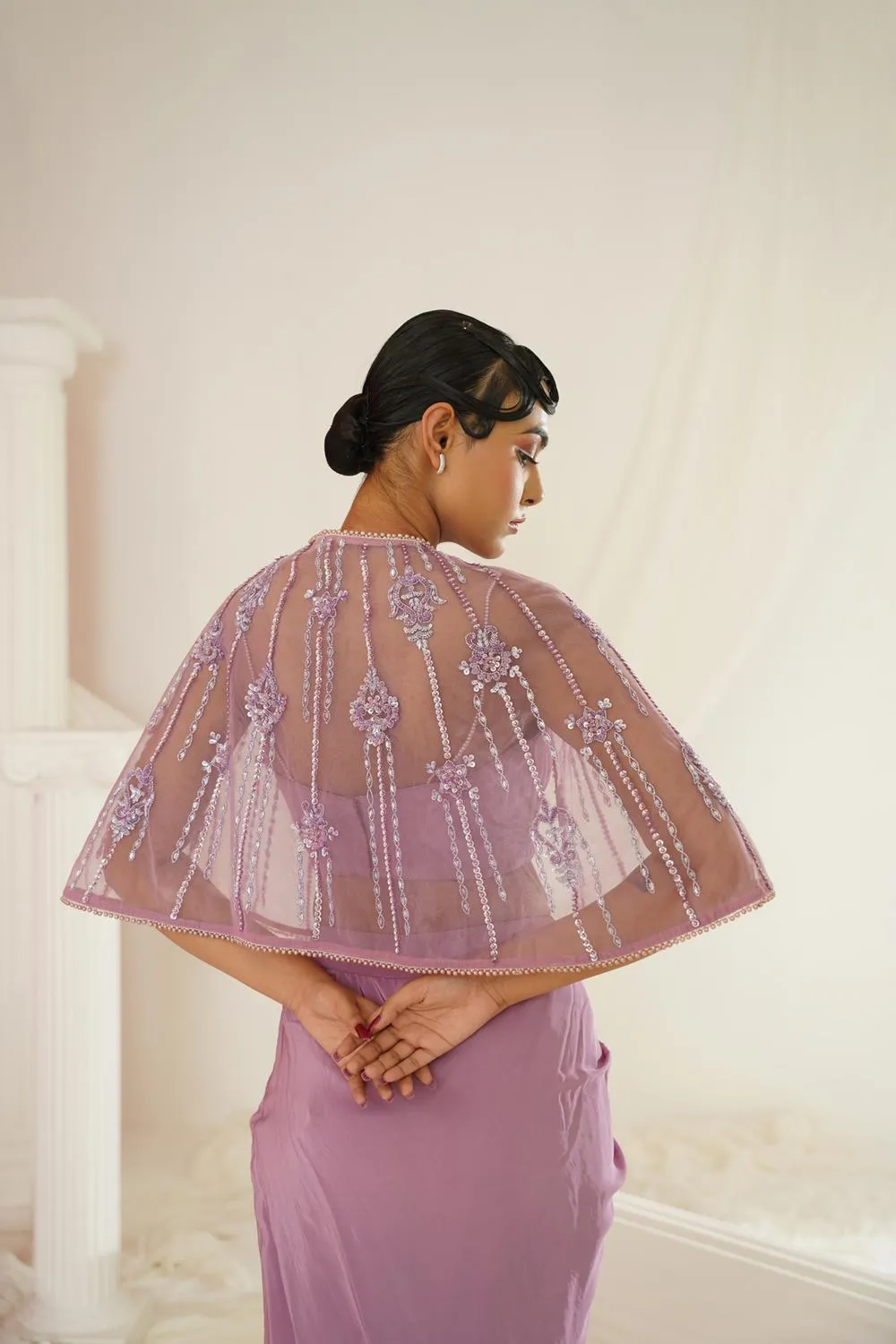 Lavender Embroidered Blouse With
 Ready To Wear Drape Dhoti Set