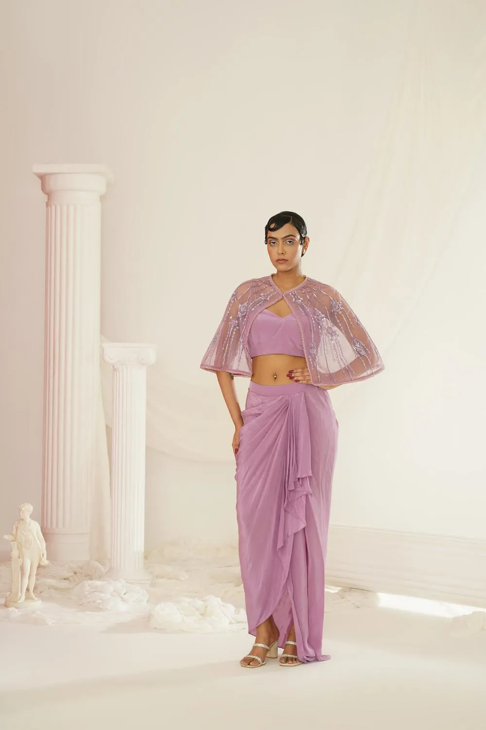 Lavender Embroidered Blouse With
 Ready To Wear Drape Dhoti Set