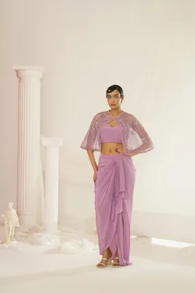 Lavender Embroidered Blouse With
 Ready To Wear Drape Dhoti Set
