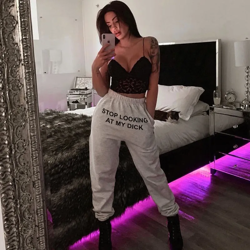letter Print High Waist Sashes Loose Pants