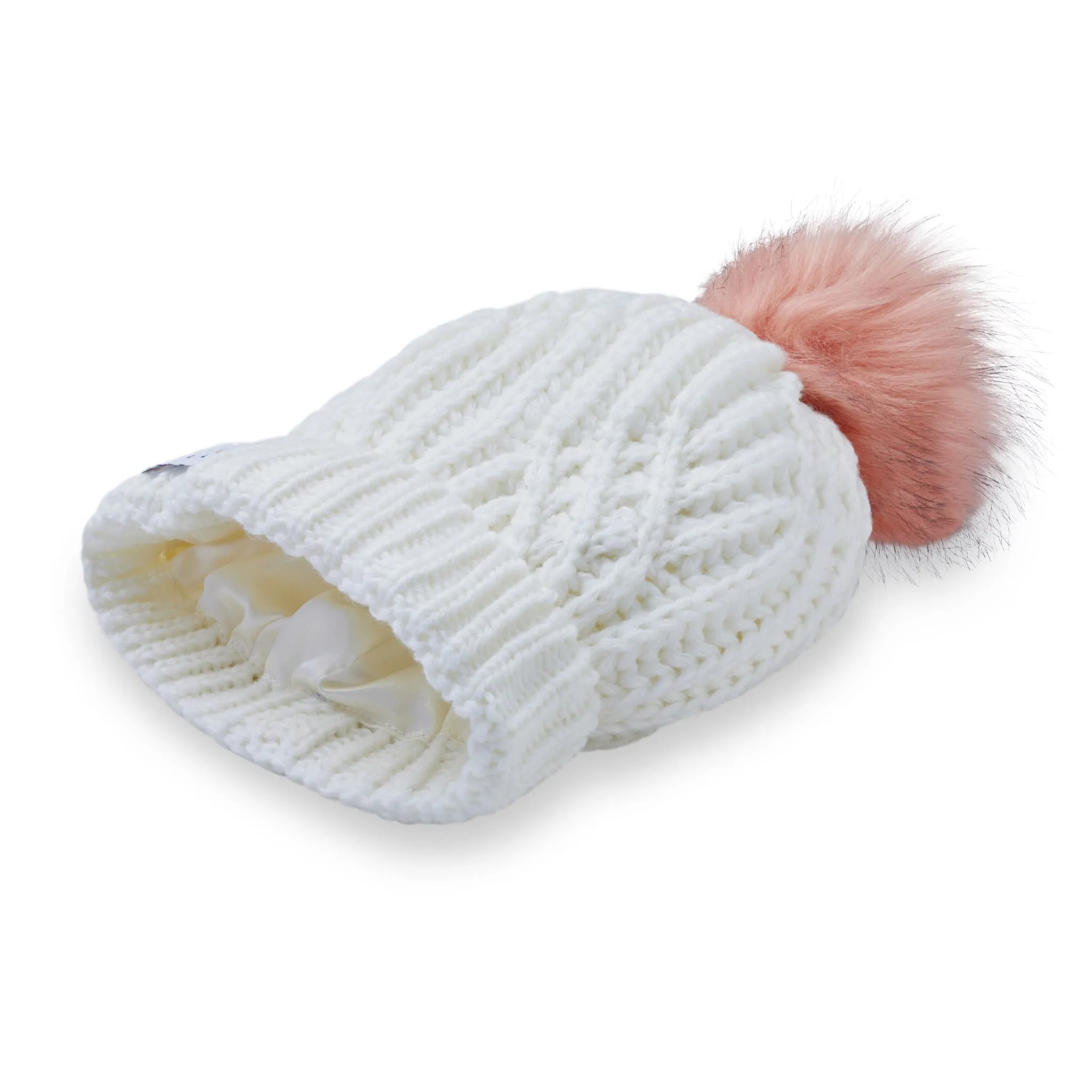 Little Curls Satin Lined Knitted Beanie Hat - Ivory with Pom Pom