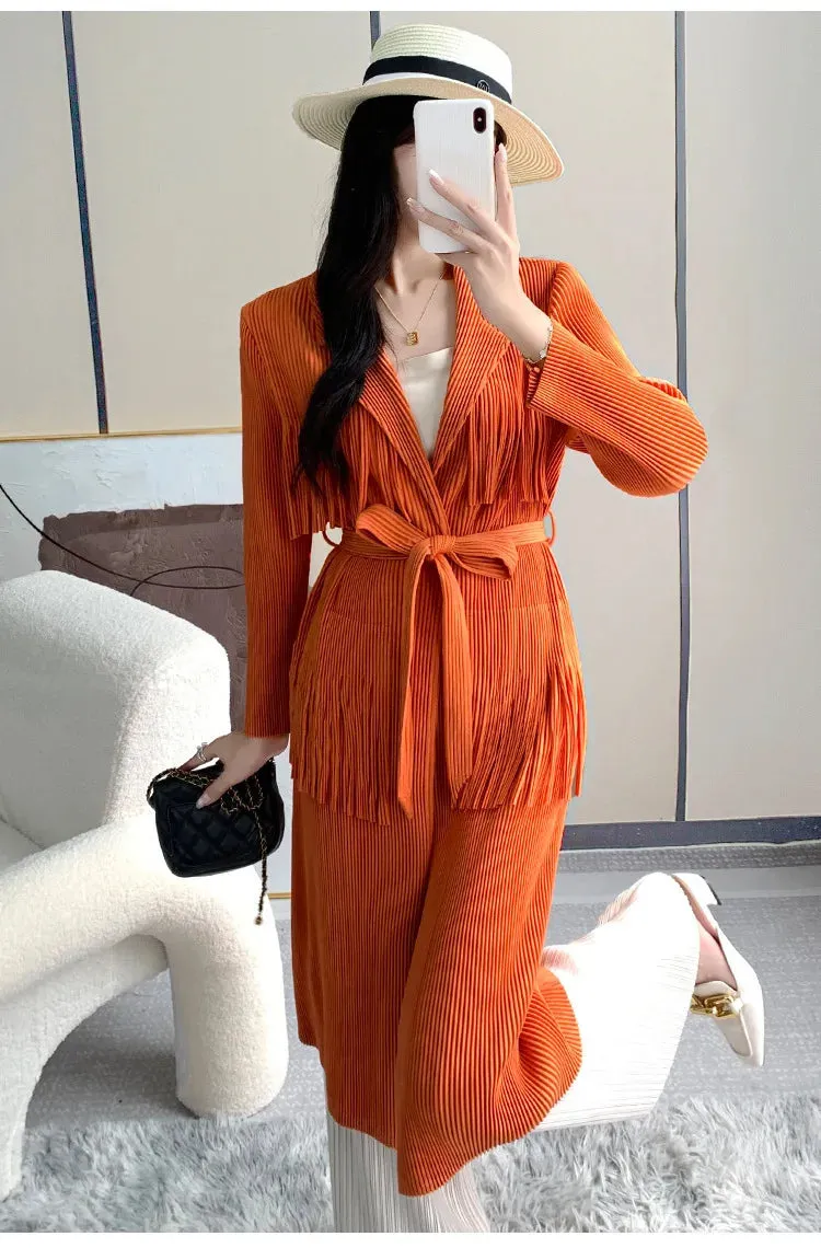 Luxe Plissé Pleated Tassel Long Coat