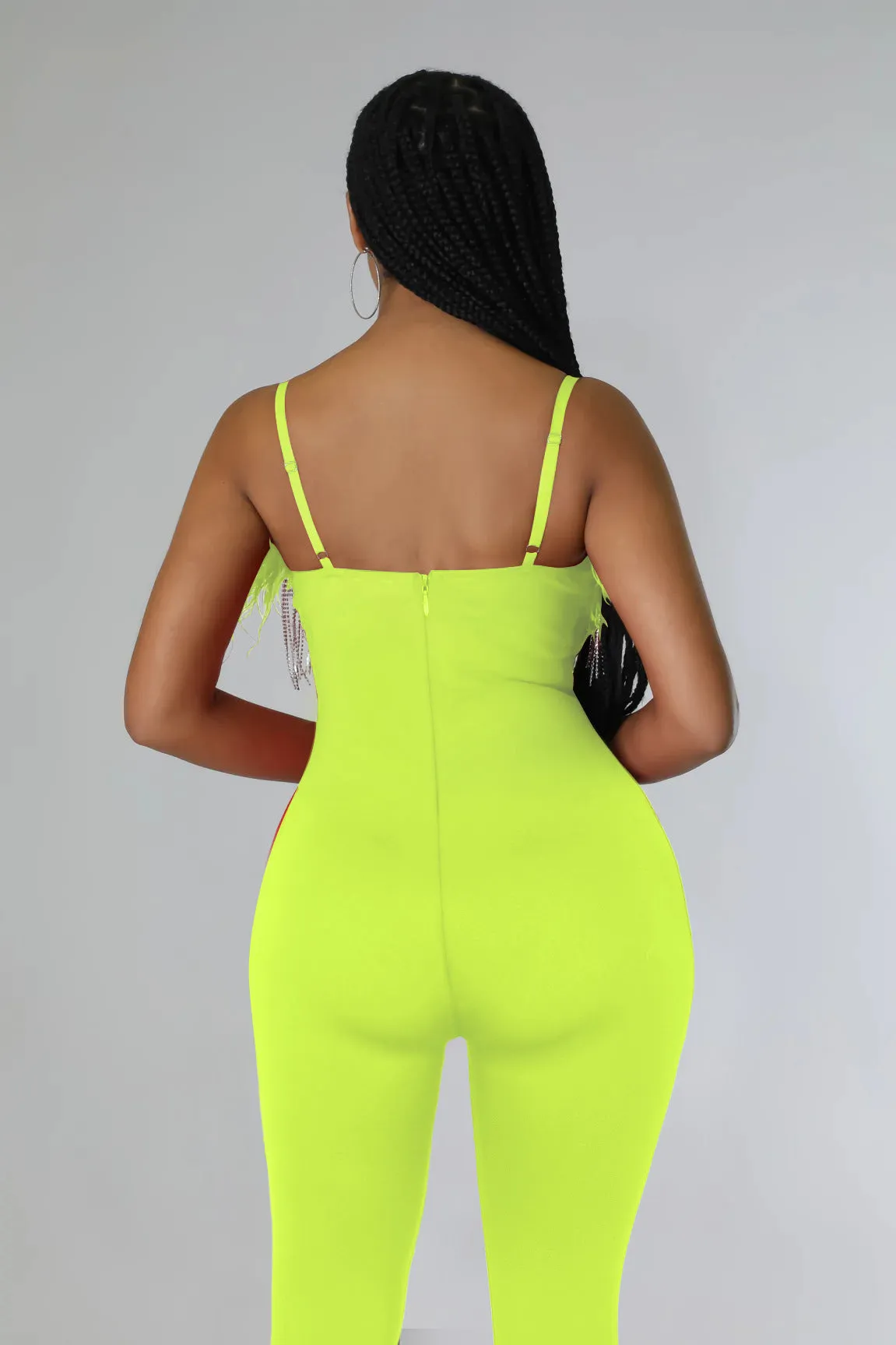 MALYBGG Rhinestone Chain Feather Jumpsuit for Women 0258LY