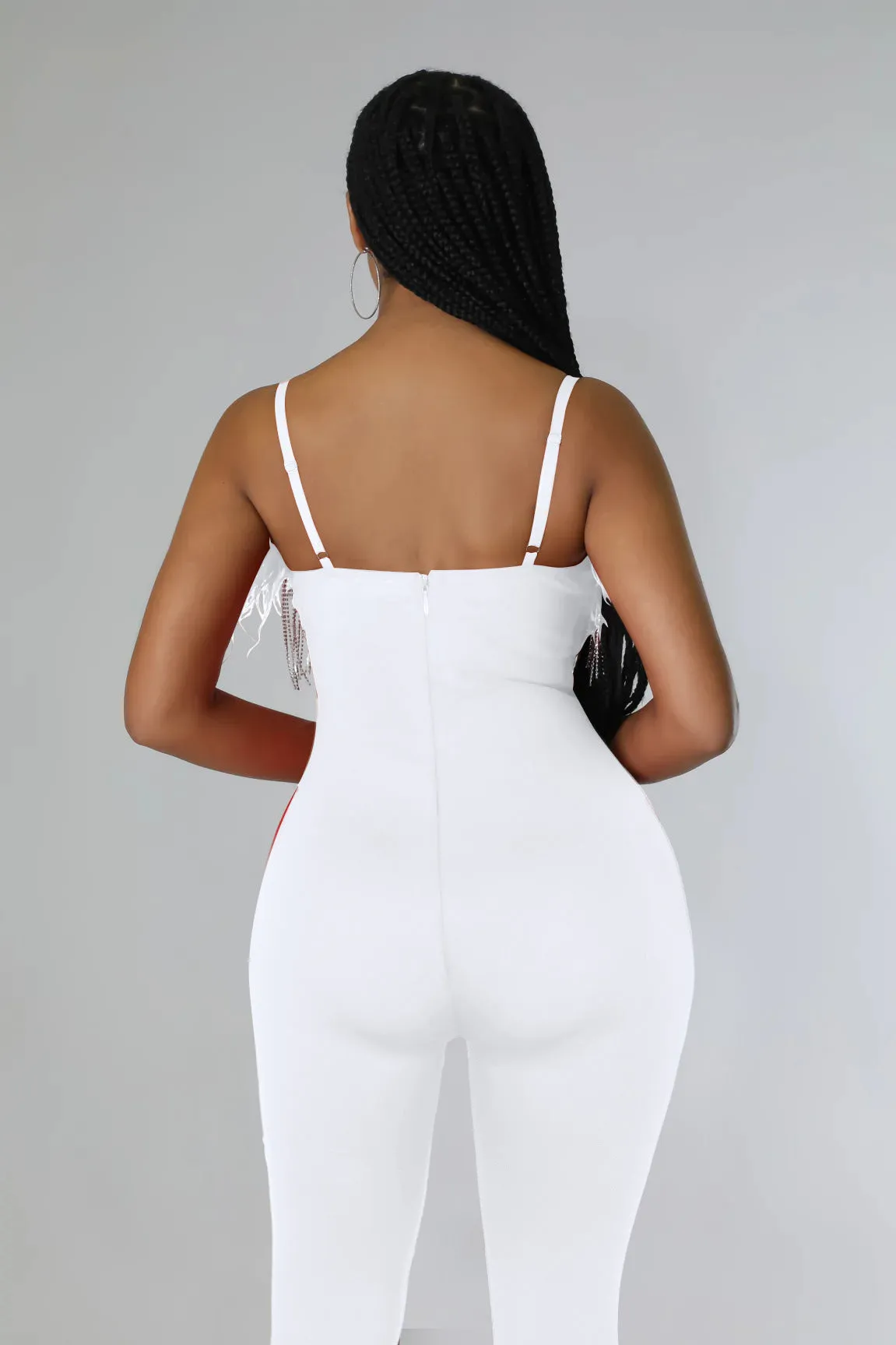 MALYBGG Rhinestone Chain Feather Jumpsuit for Women 0258LY
