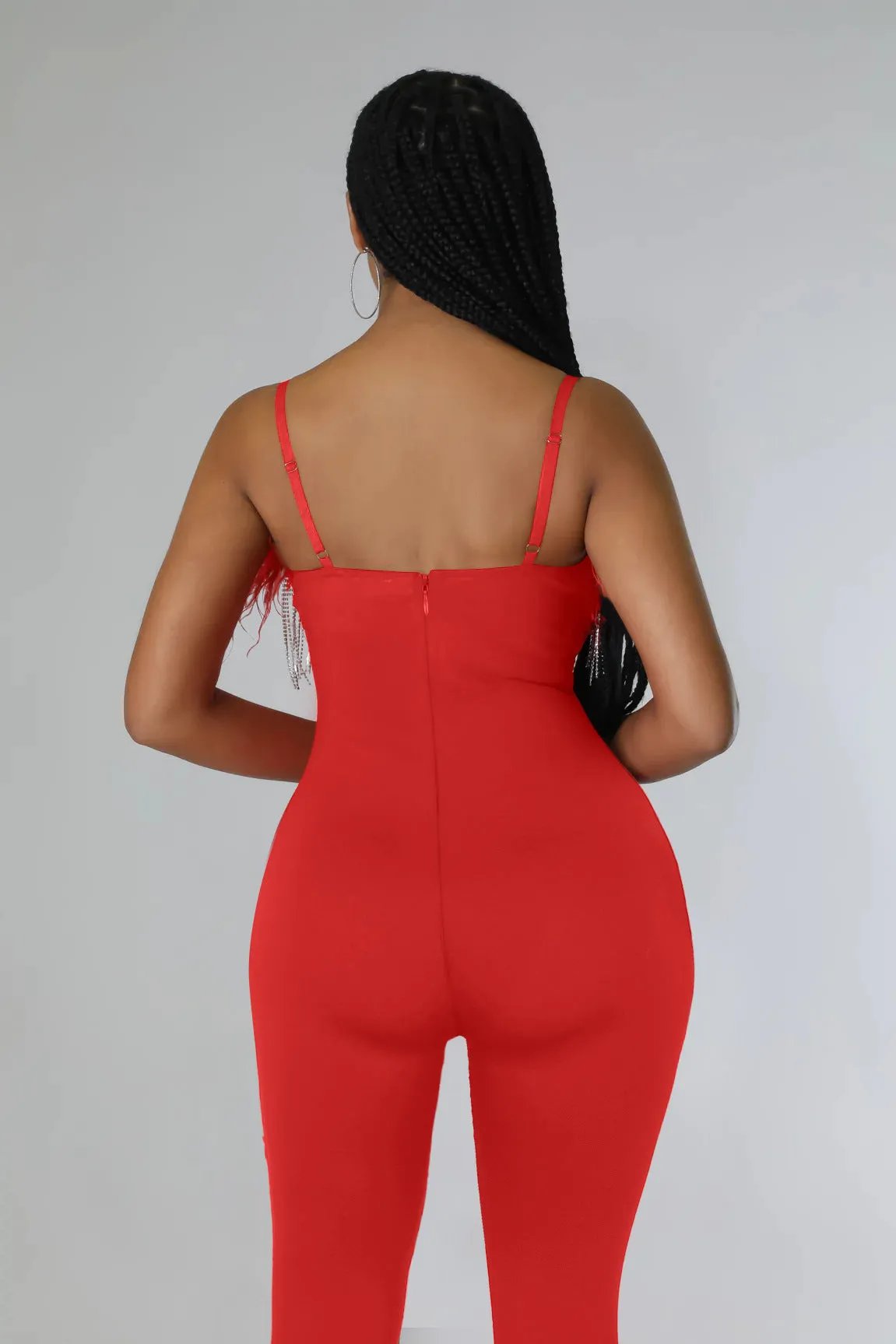 MALYBGG Rhinestone Chain Feather Jumpsuit for Women 0258LY