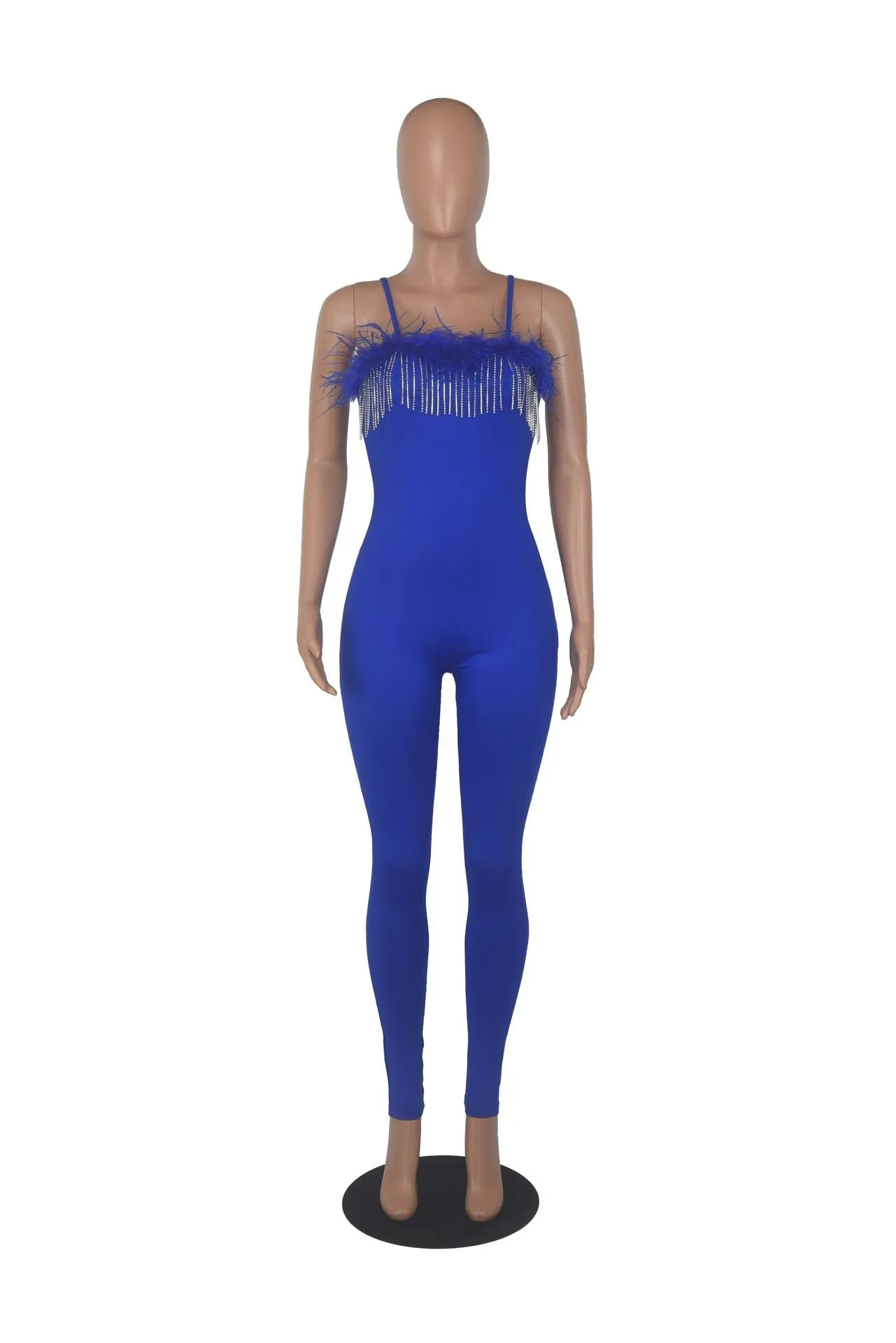 MALYBGG Rhinestone Chain Feather Jumpsuit for Women 0258LY