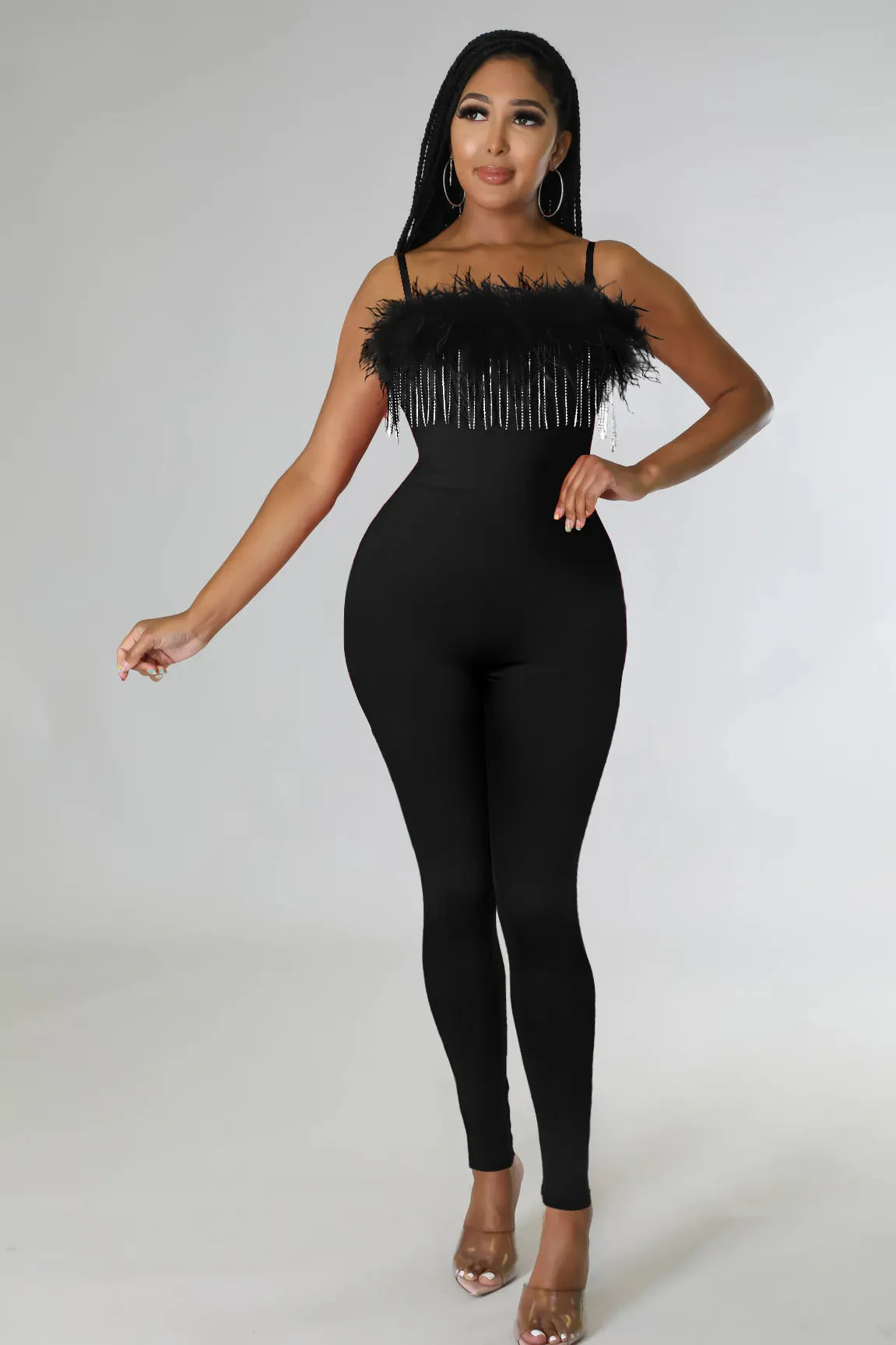 MALYBGG Rhinestone Chain Feather Jumpsuit for Women 0258LY